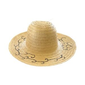 Stylish Tan Straw Hat with Black Embroidery